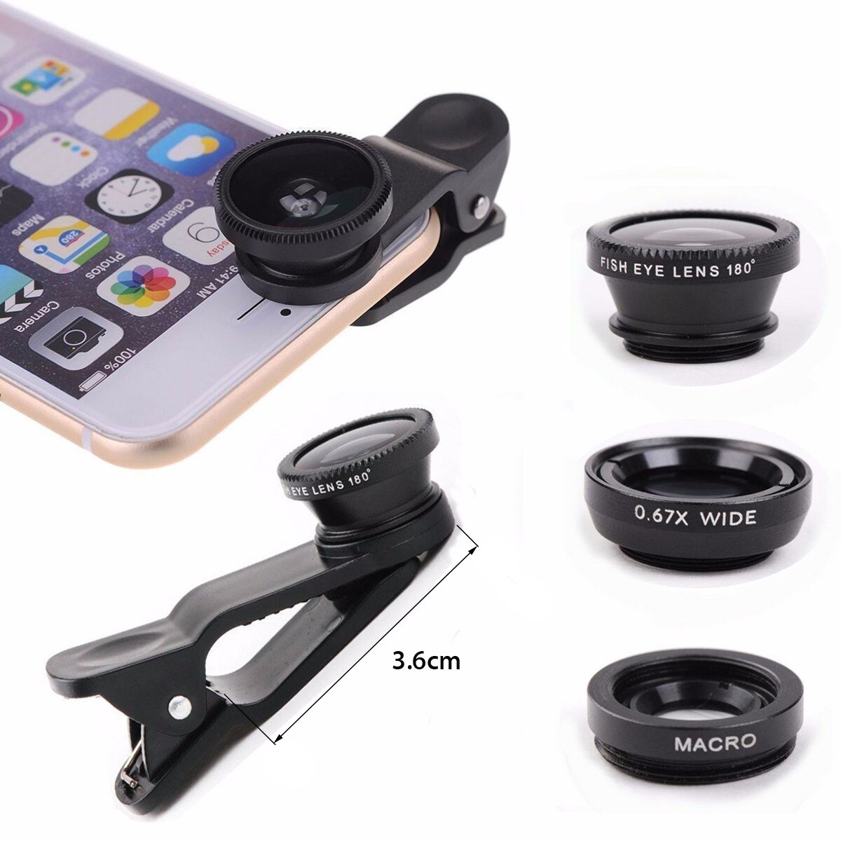 5-en-1 grand Angle Macro Fisheye lentille 2x grossissement caméra Kits téléphone portable poisson yeux lentilles avec pince pour iPhone pour Samsung