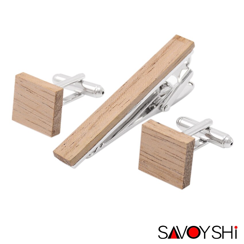 SAVOYSHI Low-key Luxury Wood Cufflinks Tie Clips Sets Concise Rice white Cuff links Business Brand Jewelry: Set