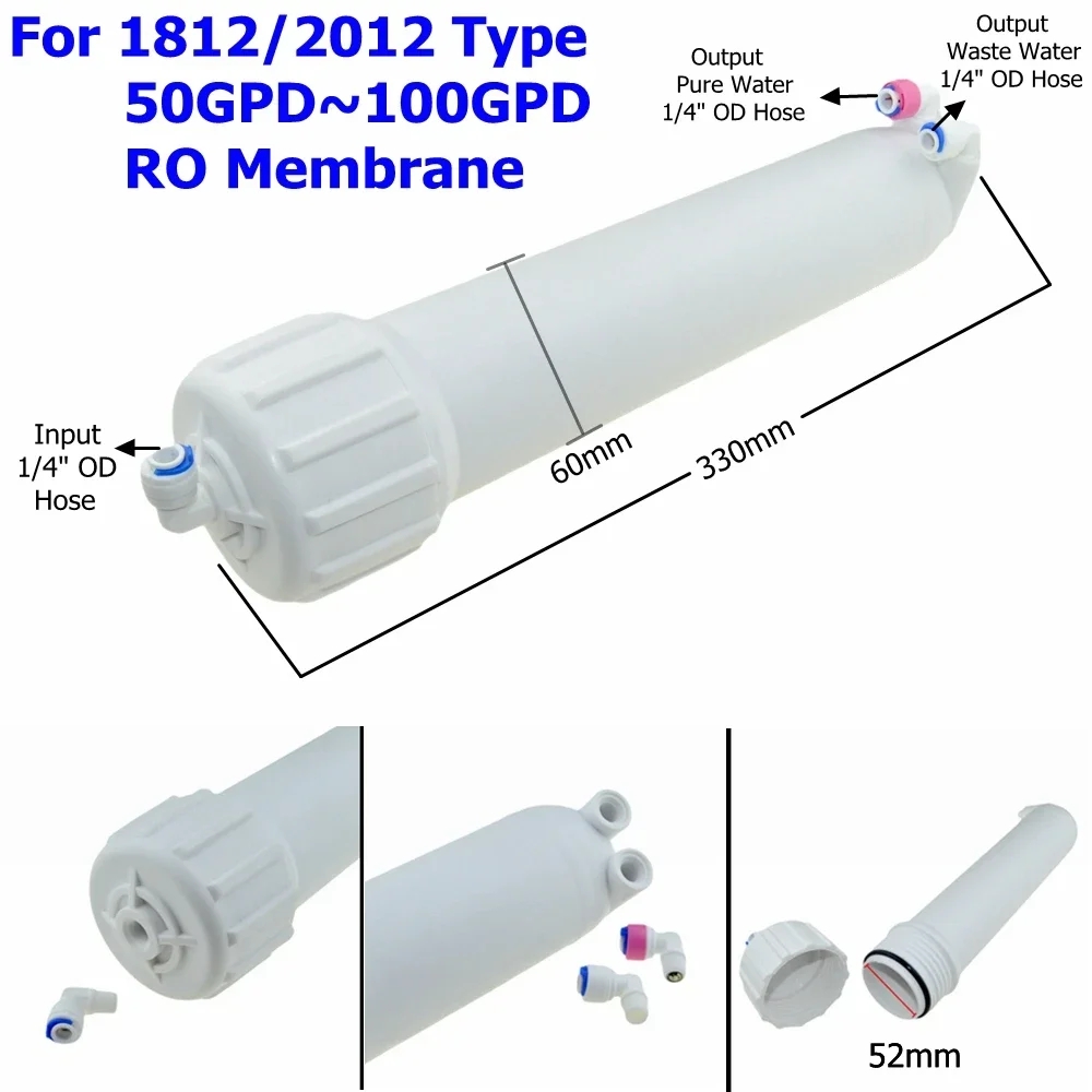 Omvendt osmose 1812 3012 3013 ro membranhus 1/4 3/8 hurtigmontert vannfilter til 50 75g 100g 200g 400g 600g ro-membran: Gjennomsiktig