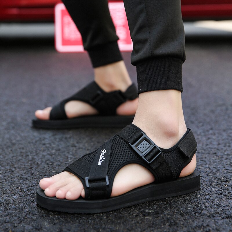 Mens Sandalen Zomer Strand Air Mesh Stevige Schoenen Haak Lus Voor Achter Band Casual Sandalia Hombre: Zwart / 8.5