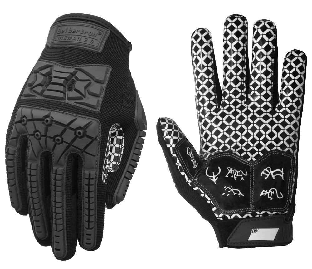 Seibertron Lineman 2.0 Padded Palm Football Receiver Gloves, Flexible TPR Impact Protection Back of Hand Glove Adult Sizes