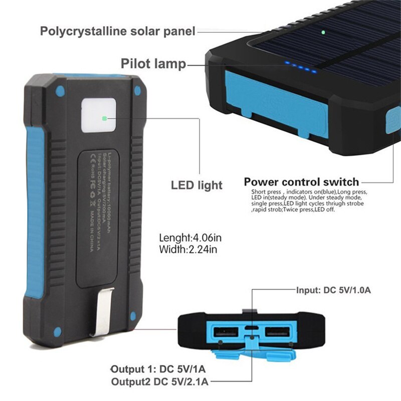Solenergibank vandtæt 30000 mah solcelleoplader 2 usb-porte ekstern oplader powerbank til iphone redmi note 7 asus doogee lg