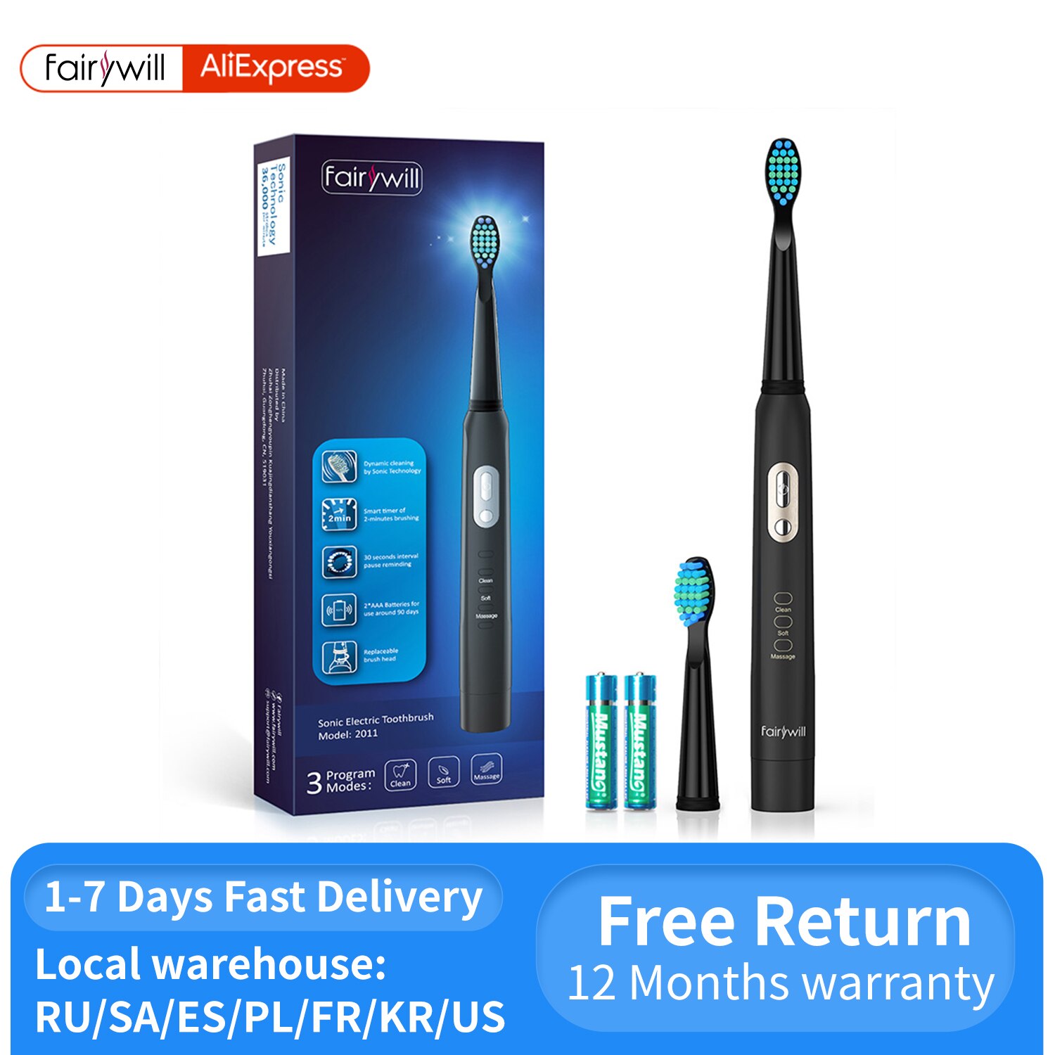 Fairywill-cepillo de dientes eléctrico sónico para adultos, cepillo de dientes blanqueador con temporizador inteligente, resistente al agua IPX7, 2 cabezales reemplazables, batería AAA