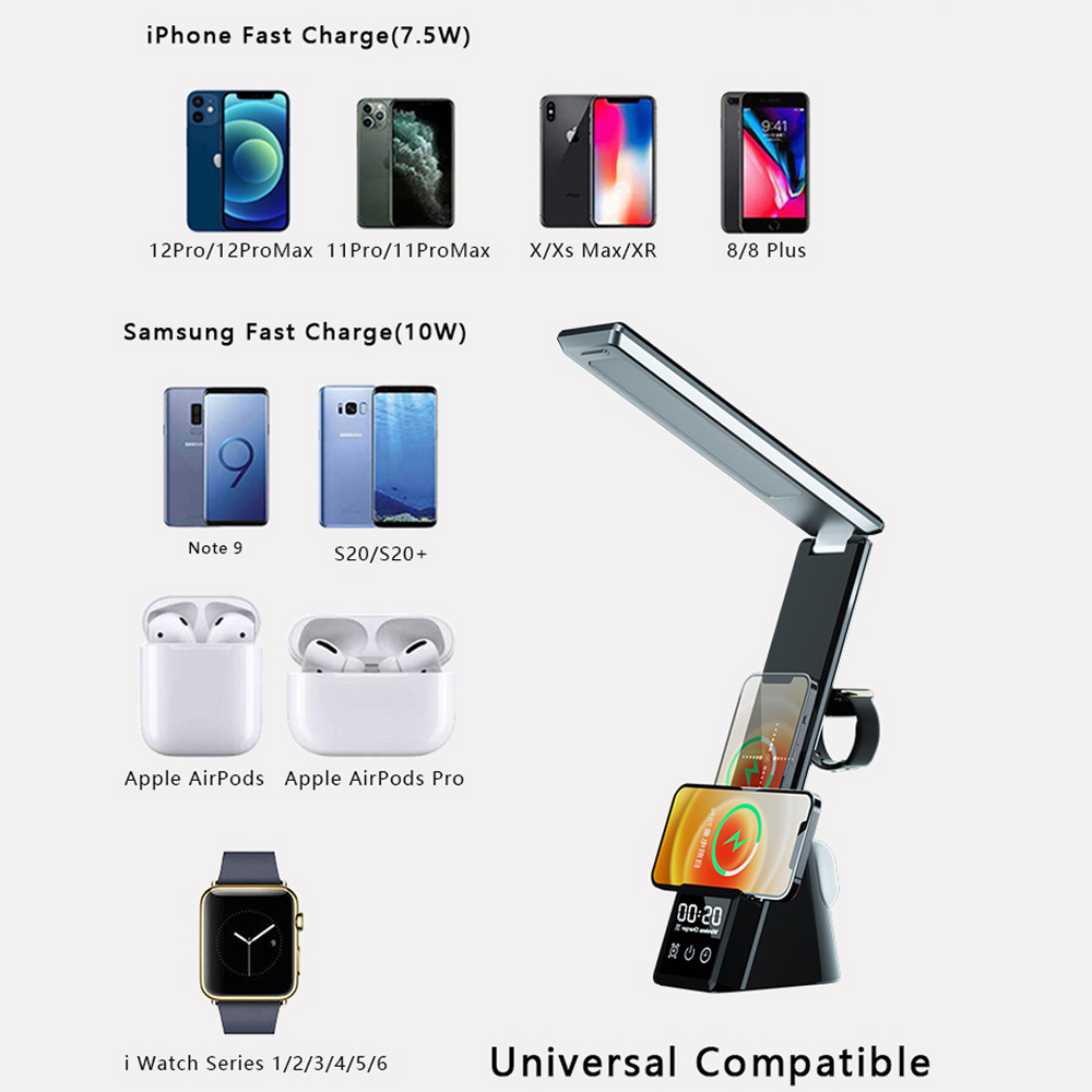 Support de lampe de Table avec chargeur sans fil 5 en 1, pour IPhone 12 11 Pro Max 15W, Station de charge rapide pour Apple Watch AirPods