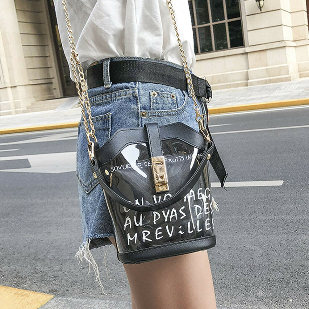Stil kvinder klare gennemsigtige kæder lås håndtaske messenger sammensat taske dame gelé pung kobling pvc tote taske