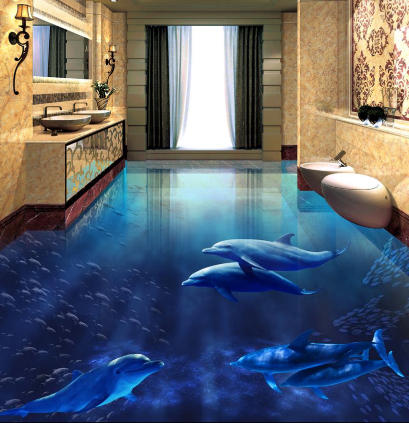 Custom 3d vloeren PVC vinyl vloer Dolfijnen 3D vloer behang waterdichte zelfklevende PVC 3D behang