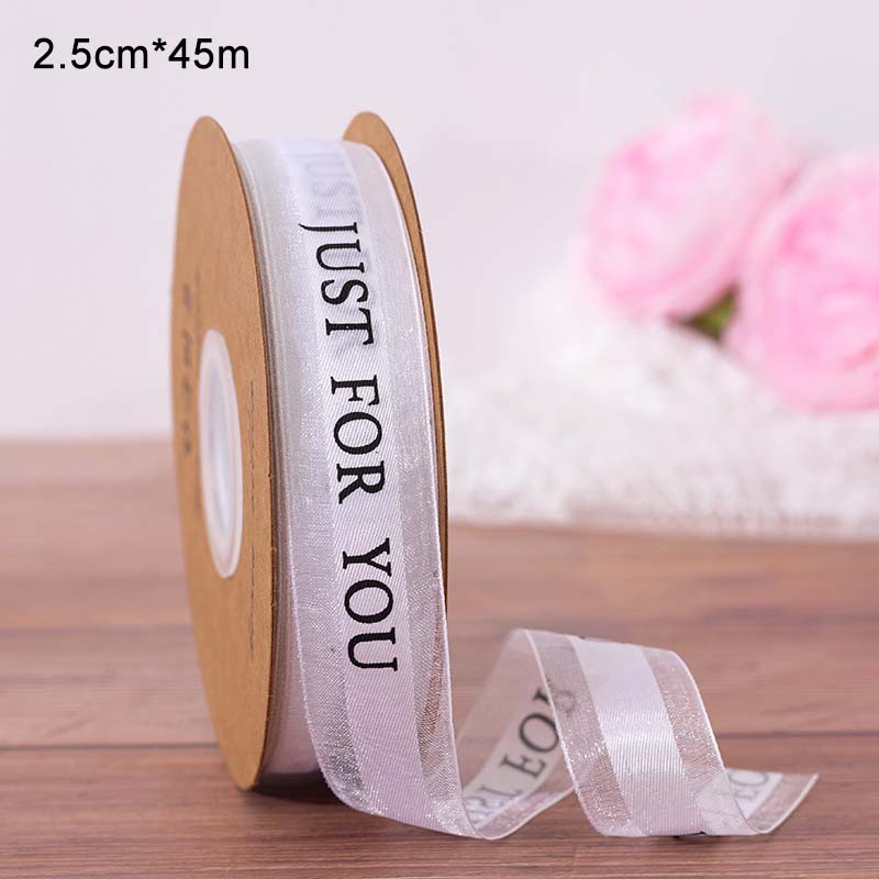 Ruban Organza en fil de neige, 1 rouleau, imprimé anglais, bricolage, artisanat, pour emballage , décoration de mariage: white 1
