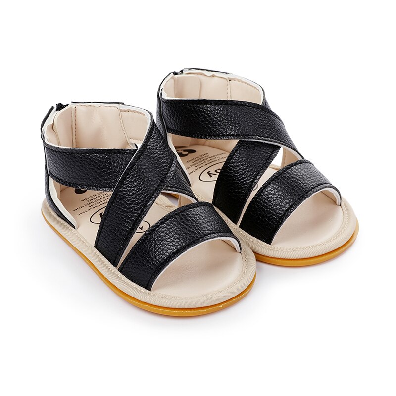 Sandales d'été en cuir PU pour bébés de 0 à 18 mois, chaussures pour nouveaux-nés, filles et garçons, solides, antidérapantes, respirantes,: Black / 0-6 mois