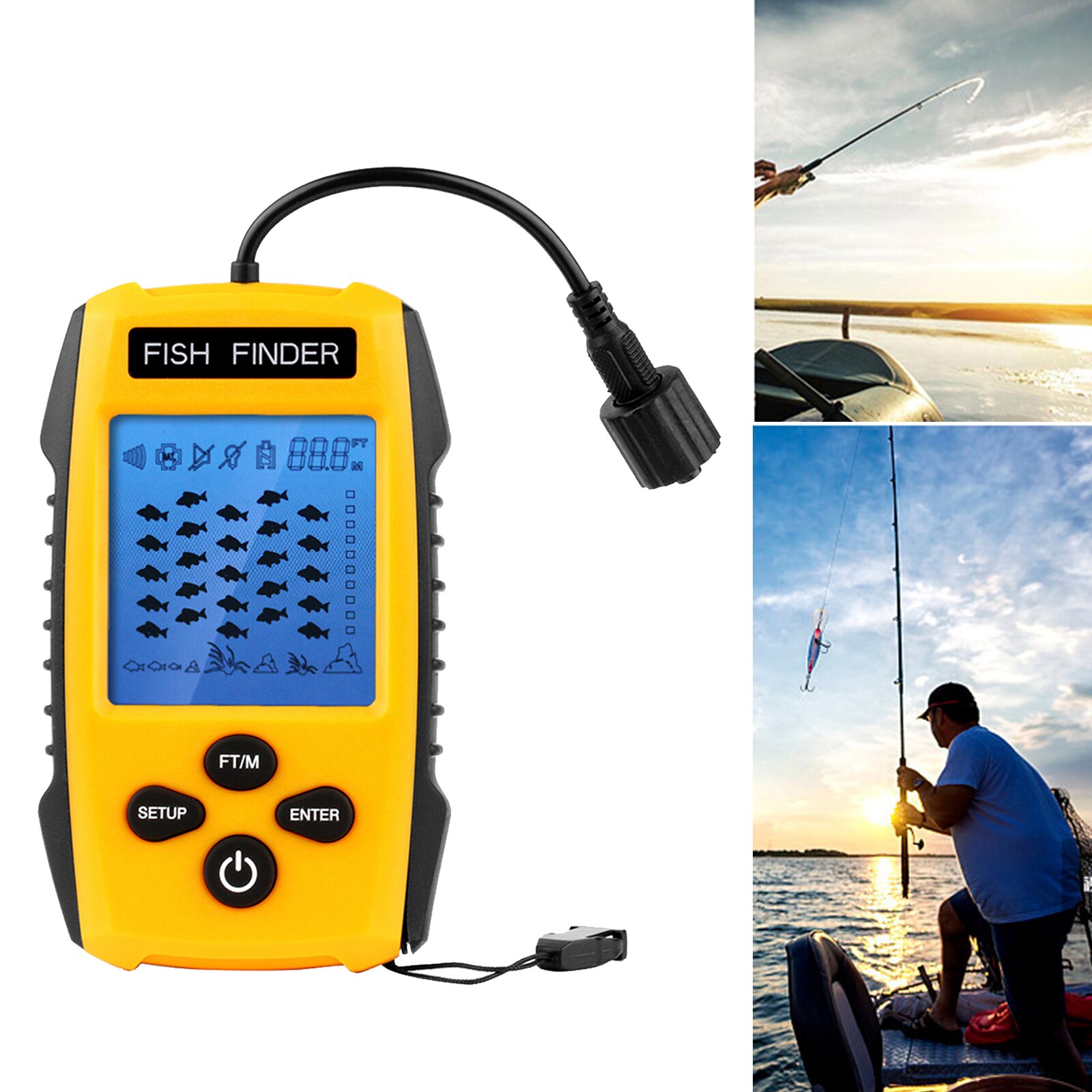 Portable Fish Finder, Water Depth Fishfinder with Wired Sonar Sensor Transducer Fish Finders