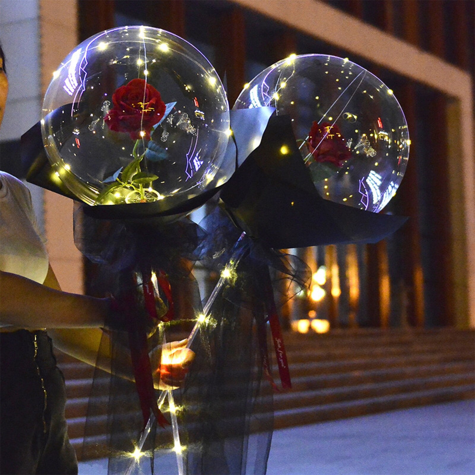 Led Luminous Balloon Rose Bouquet Valentines Day Transparent Bobo Ball Rose Birthday Party Wedding Decoration Balloon#p30