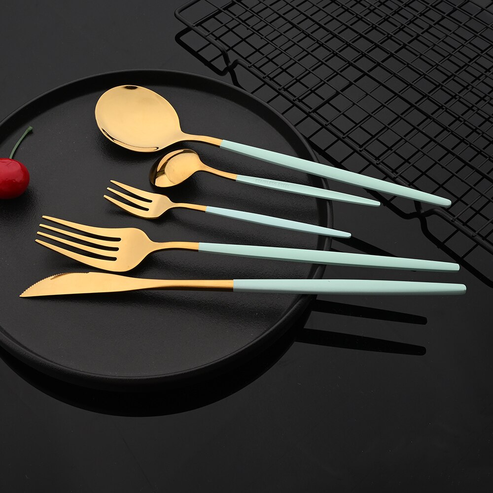 Mint Gold Tableware Cutlery Set Mirror Stainless Steel Dinnerware Dessert Knife Fork Ice Spoon Flatware Set Dinner Silverware