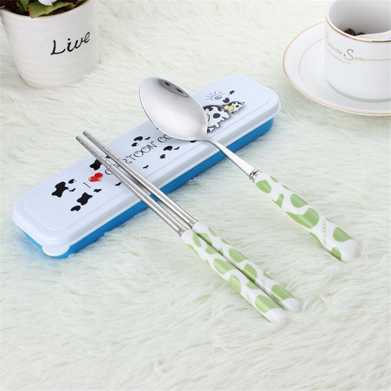 Baby kinderen schattige vork lepel bestekset cartoon keramische handgreep roestvrij staal kinderen eetstokjes vork bestek draagbaar servies