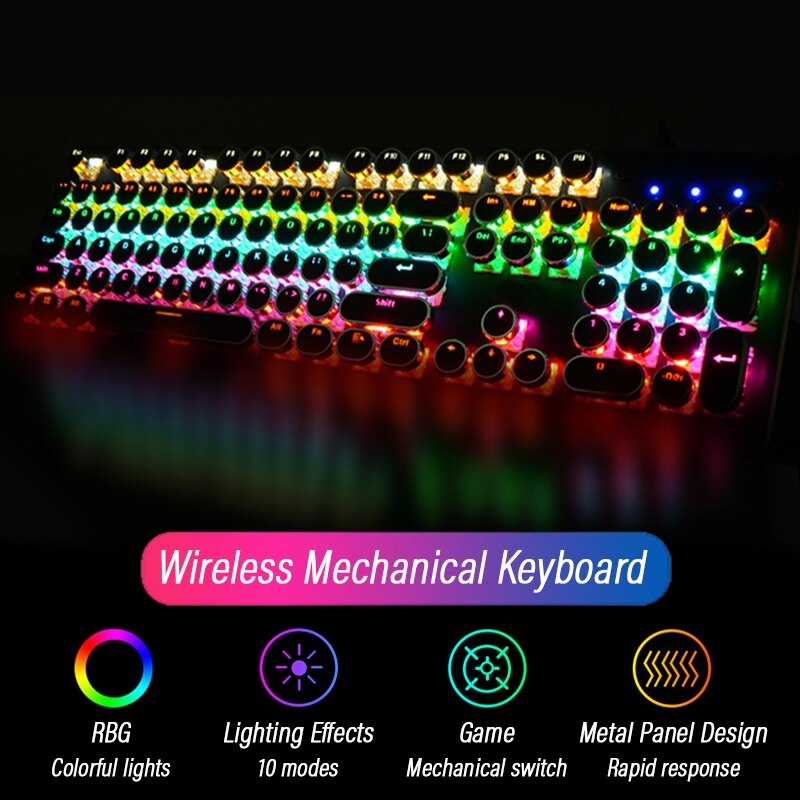 Wireless Retro Punk Mechanical Keyboard English Layout 104-Keys Backlit Anti-Ghosting Gaming Keyboard Blue/Black/Tawny Switch