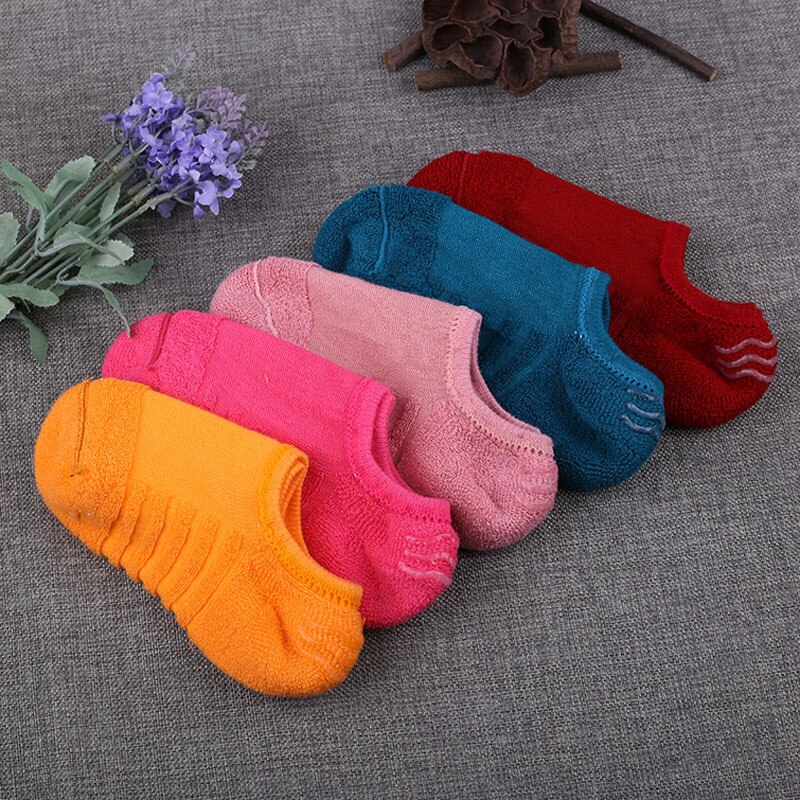 Calcetines de algodón con fondo de toalla para mujer, medias de silicona antideslizantes, invisibles, 5 par/lote, primavera y otoño,