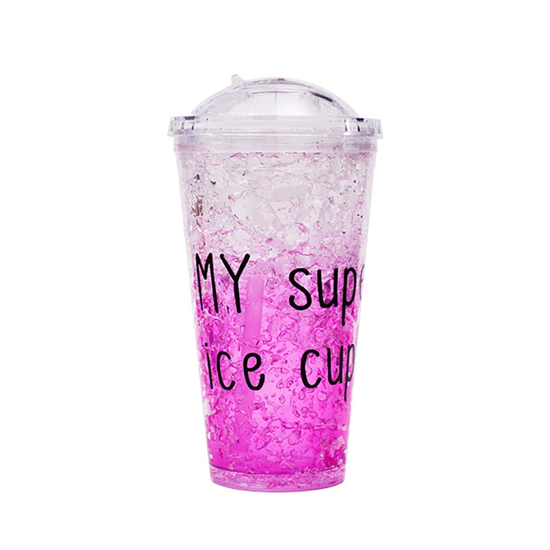 Newest Plastic Double-layer Juice Ice Cool Cup With Straw Cup Transparent Drinkware Cup 450ML: Purple 