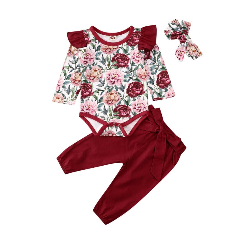 3pcs Newborn Baby Girl Clothes Sets 0-24M Floral Long Sleeve Romper Tops+Pants+Headband Outfits Set