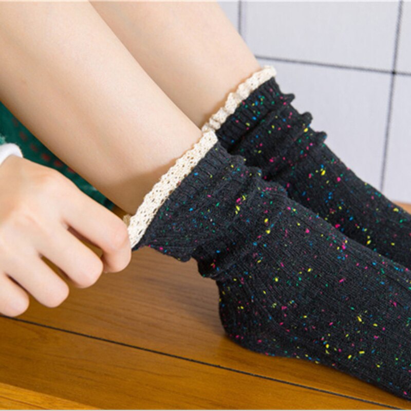 Damen-socken im japanischen retro-stil mit spitze, süße, dicke flor-socken, herbst- und wintersocken