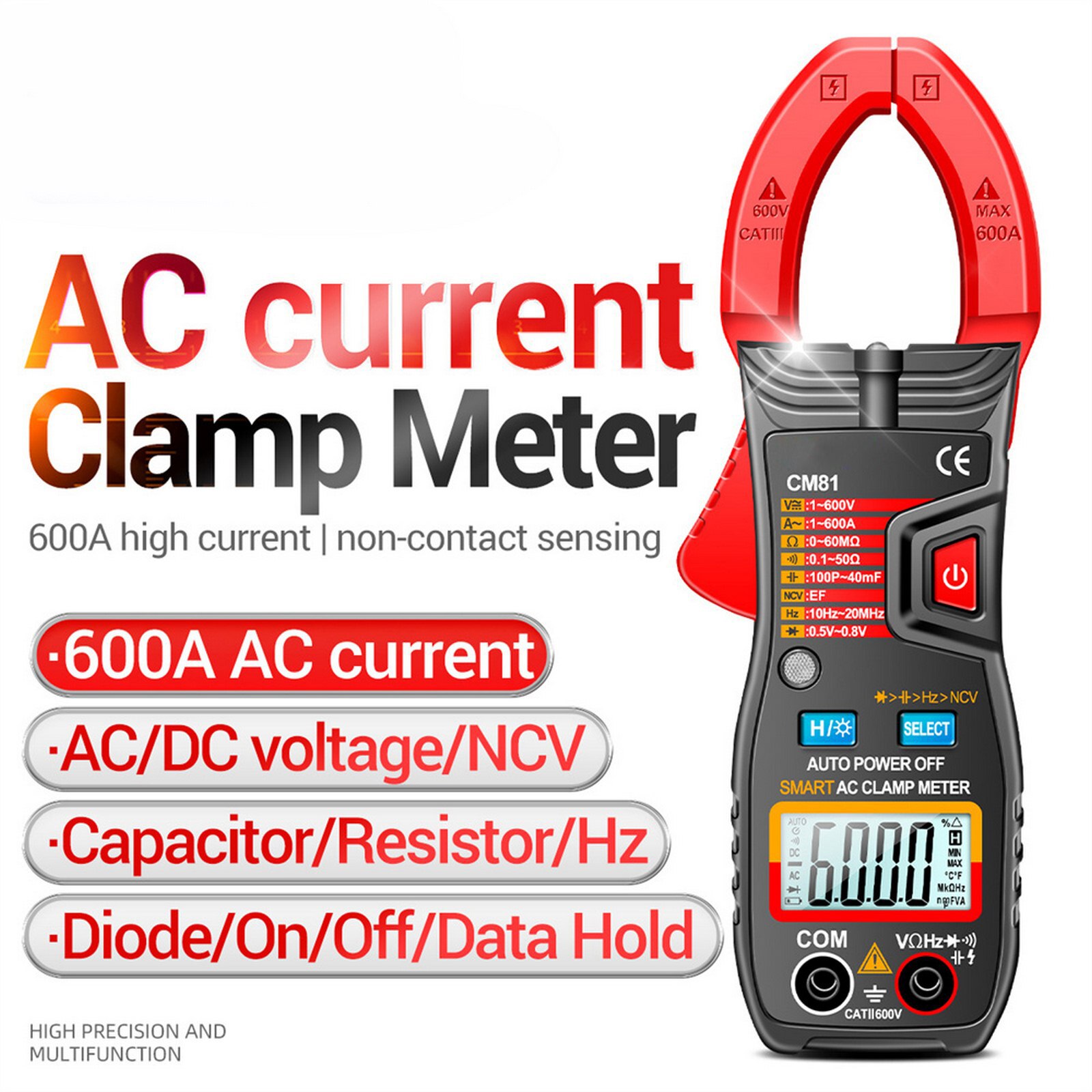 Current Measur instrument Digital Clamp Meter Tester Auto Range AC/DC 600A Capacitance Frequency Current Resistance Multimeter