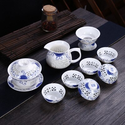 Exquisite Peony Automatic Tea Set Blue and White Ceramic Porcelain Hollow Honeycomb Tea set Teapot Teacup Gaiwan Tea Sets Suit: H