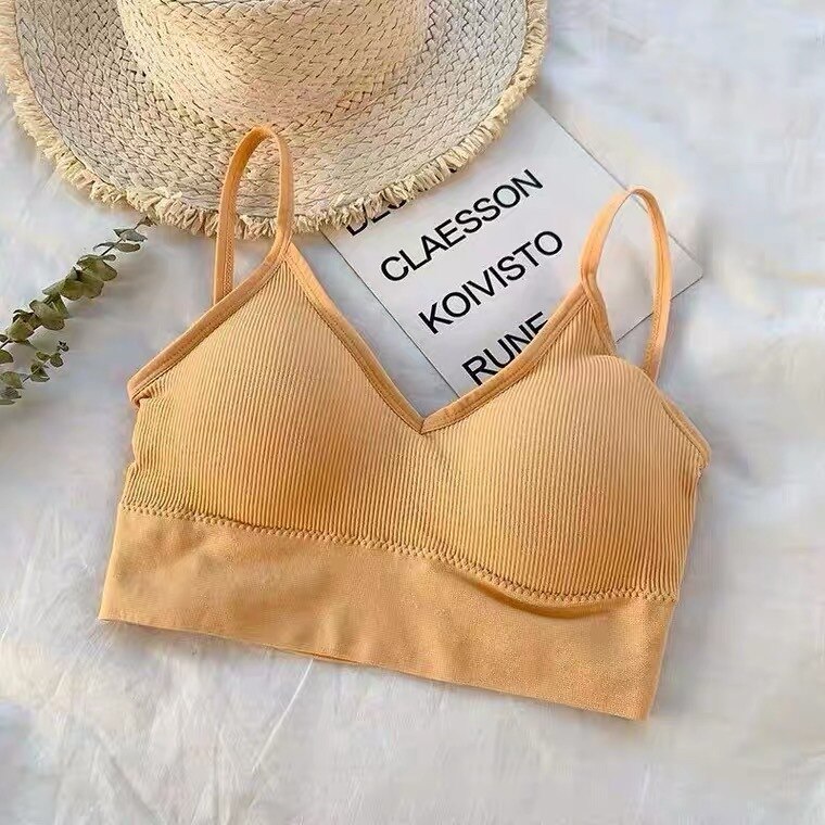 Cross sling big U-shaped back wrapped chest bra no steel ring girl with chest cushion bottoming backless underwear girl: Beige