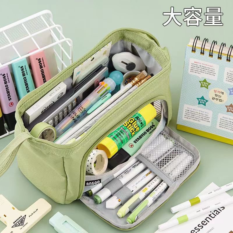 Cute Pencil Case Special Macaron Color Side Window Canvas Big Pencil Pouch Pen Box Storage Bag Student School Stationery: green