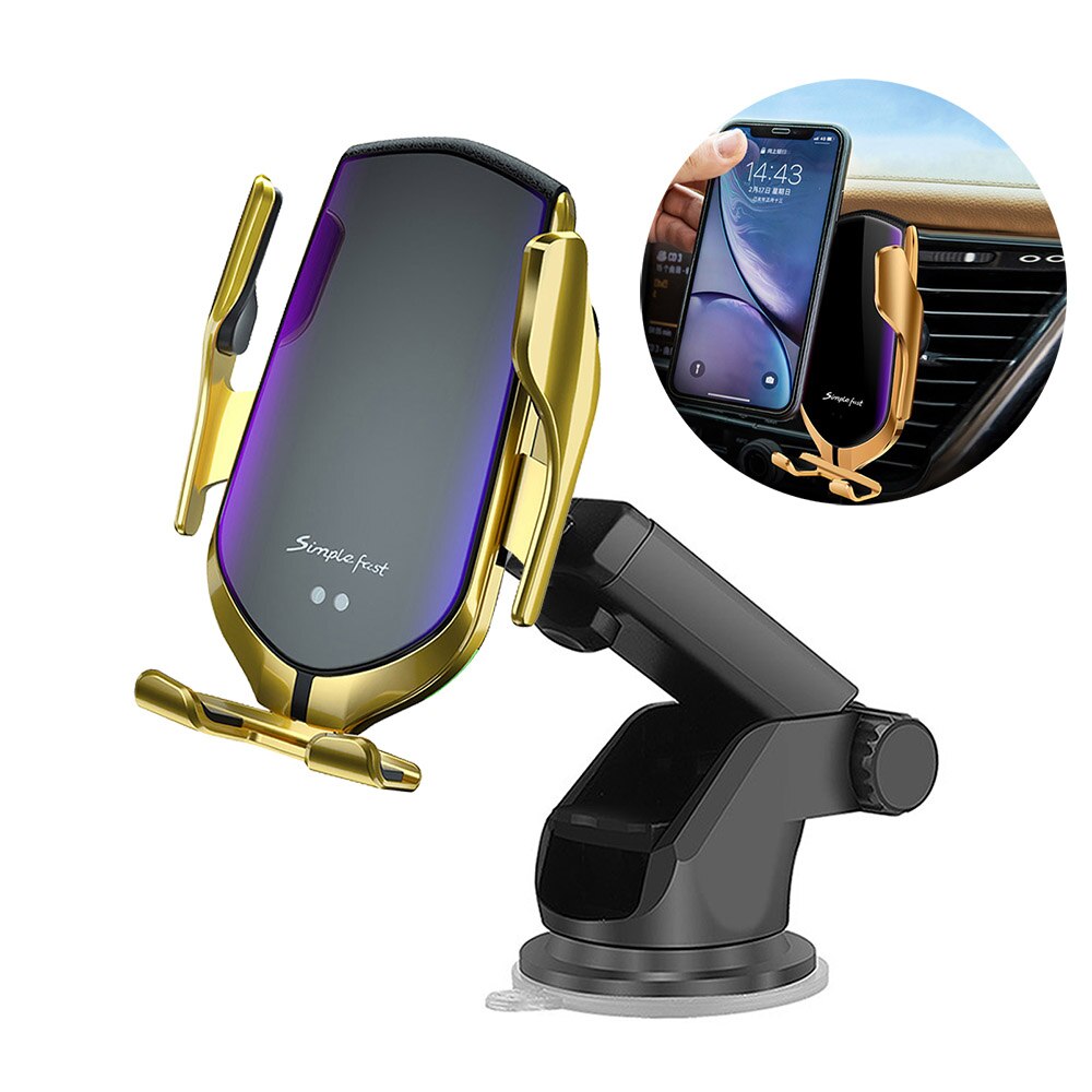 Cargador de coche inalámbrico Qi, soporte de teléfono automático para salida de aire, soporte de montaje de teléfono para iPhone 11 Pro XS XR X 8 Samsung S10 S9 S8 Note 10 9: 2 in 1 Gold