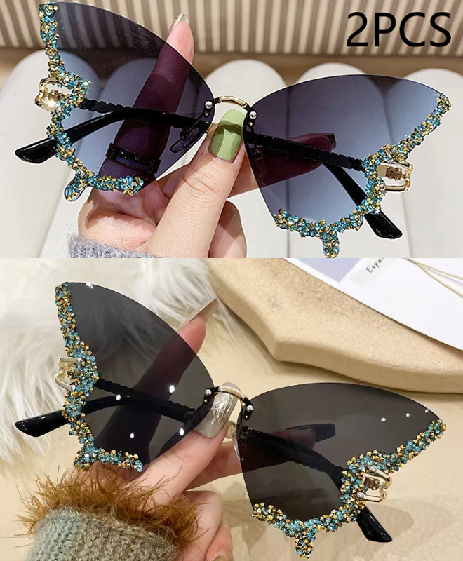 Luxus Diamant Schmetterling Sonnenbrille Frauen Y2K Jahrgang Randlose Übergroße Sonnenbrille Damen Brillen: Grau