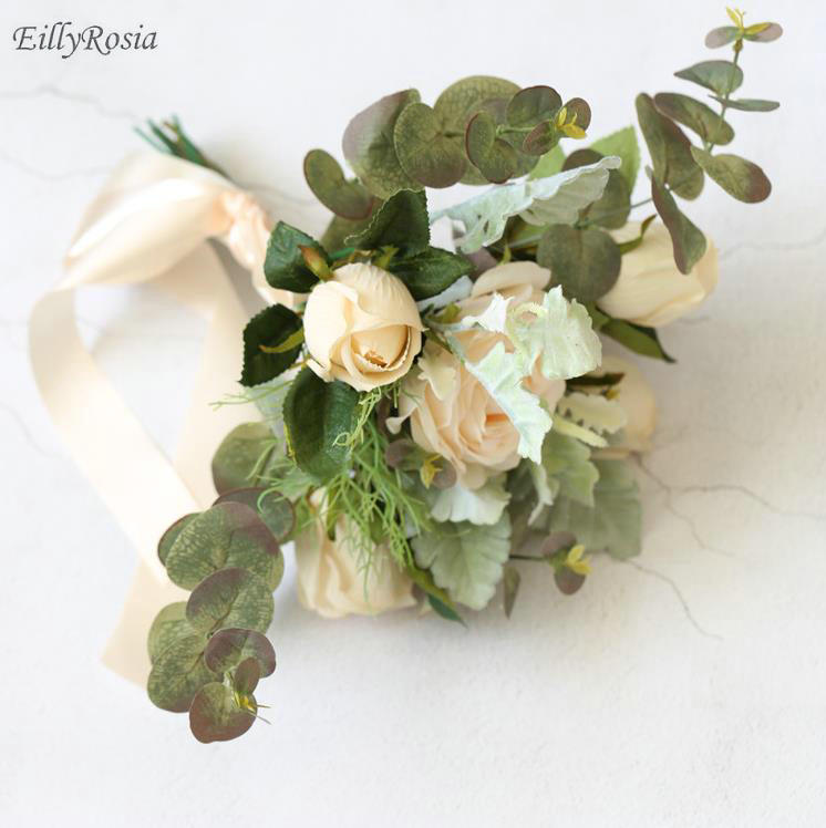 Ramos de novia Kleine Size Bruidsboeket voor Bruidsmeisje Bloem Meisjes Handgemaakte Rozen Eucalyptus Kunstmatige Bruiloft Bloemen
