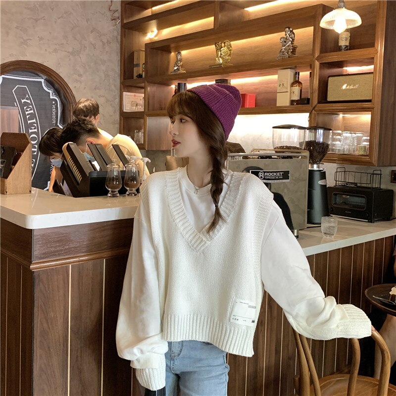 Suéter con cuello en V para mujer, Blanco Simple escolar que combina con todo, ropa de diario holgada Harajuku de estilo japonés para chicas