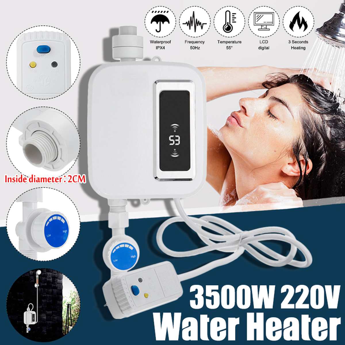3500W LCD Display Kitchen Home Digital Instant Water Heater Control Temperature Electric Water Heater Tankless Water Heater