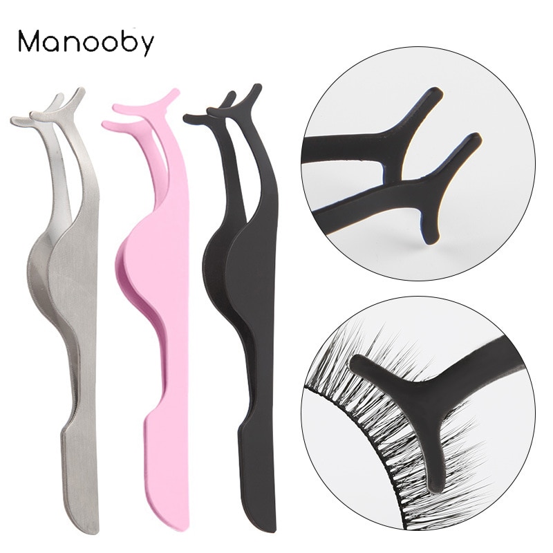 Manooby Stainless Steel Eyelash Tweezers False Eyelashes Applicator Eyelash Extension Curler Nipper Auxiliary Clamp Makeup