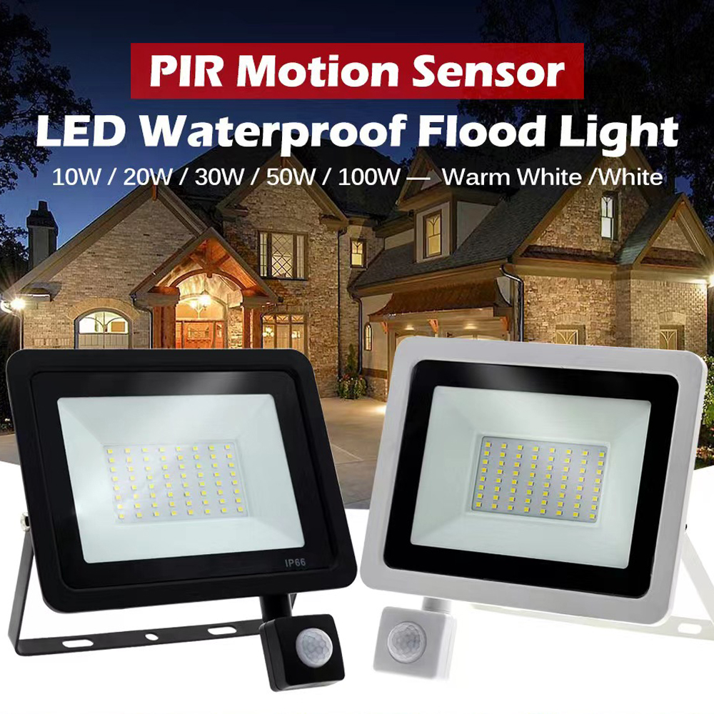 Reflector PIR de 100W con Sensor de movimiento, lámpara de pared para exteriores, luz blanca de 50W, 30W, 20W, 10W, LED impermeable IP66 para patio de jardín