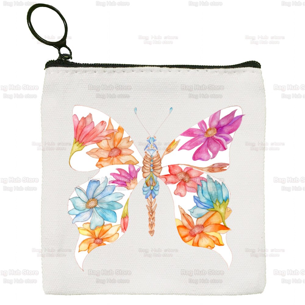 Blue Butterfly Color Flying Flower Cartoon Coin Purse Female Mini Canvas Art Cute Key Case Coin Purse Student Wallet: B