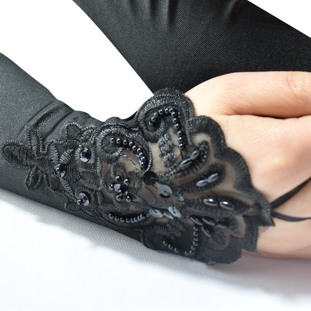 Gants en Satin Long de 48cm, Sexy, avec broderie au doigt, crochet, pour femmes, fête rétro, etiquettes, Cosplay, danse et dîner