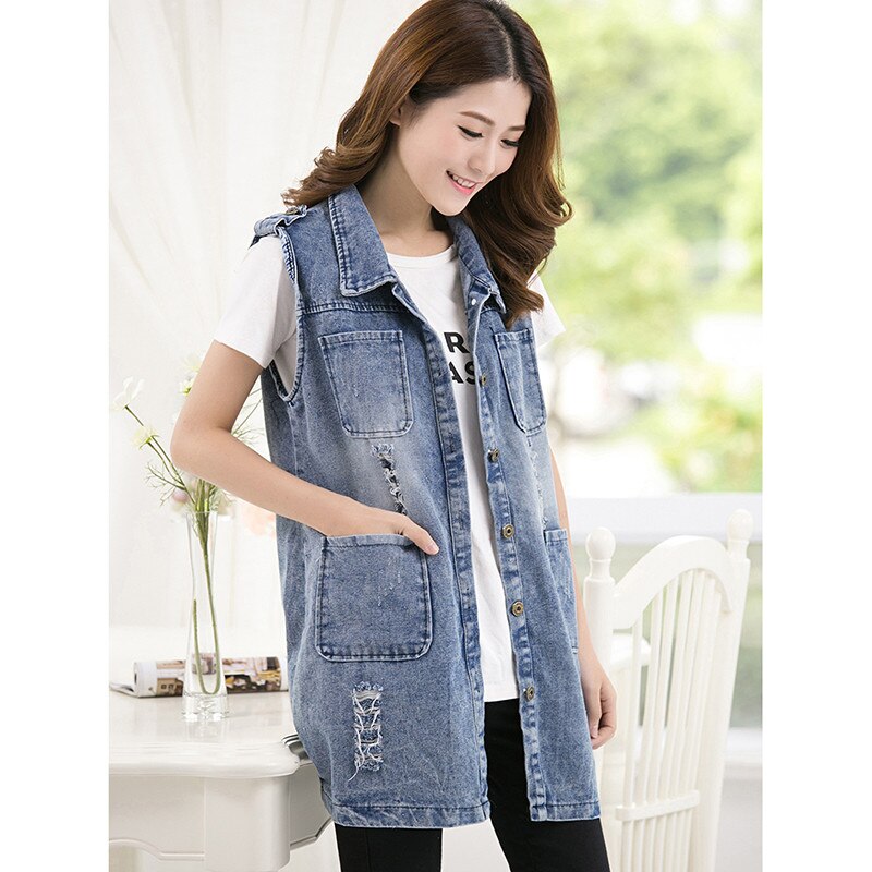 Plus size 5xl jactet denim vest kvinder sommer ærmeløs cardigan dame jeans veste koreanske huller lange denim jakker 969