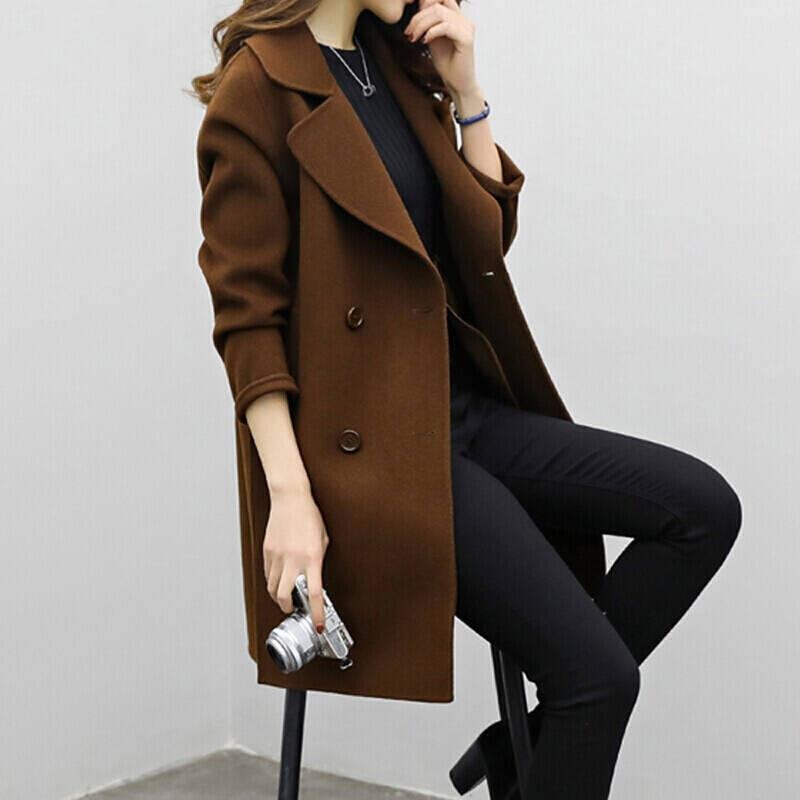 Autumn/Winter Women's Medium-Length Woolen Jacket Loose-Fit Slimming Double-Row Buttoning Overcoat: L / Beige