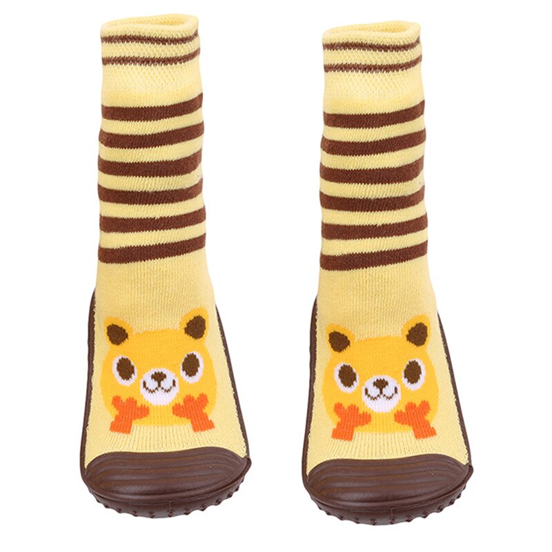 Calcetines antideslizantes para recién nacidos, con suelas de goma para niños, zapatos para niños pequeños, calcetines de algodón para primeros pasos para bebé, niño y niña: Yellow Bear / 18 meses