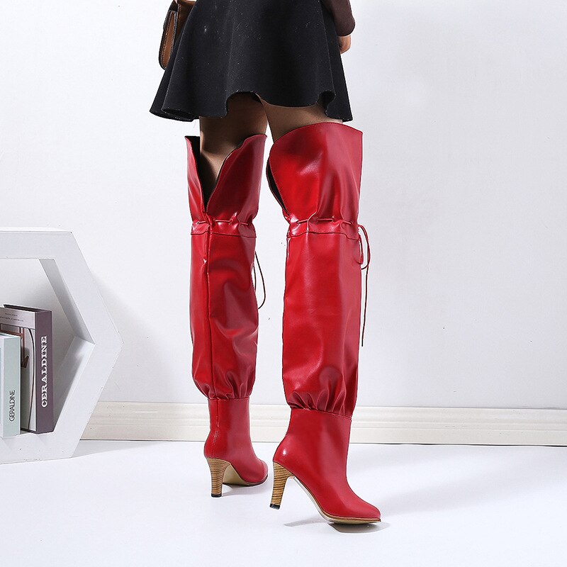 hiver femmes bottes à lacets Long Tube bottes confortable bout rond à talons hauts en polyuréthane sur le genou femmes bottes