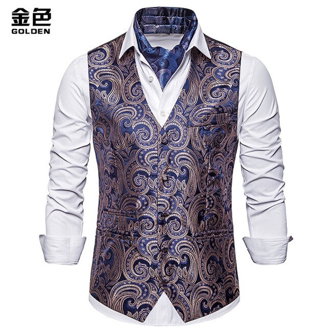 White Paisley Suit Vest Men Brand Slim Fit Single Breasted Vest Waistcoat Men Party Wedding Dress Vest Chaleco Hombre: gold / M