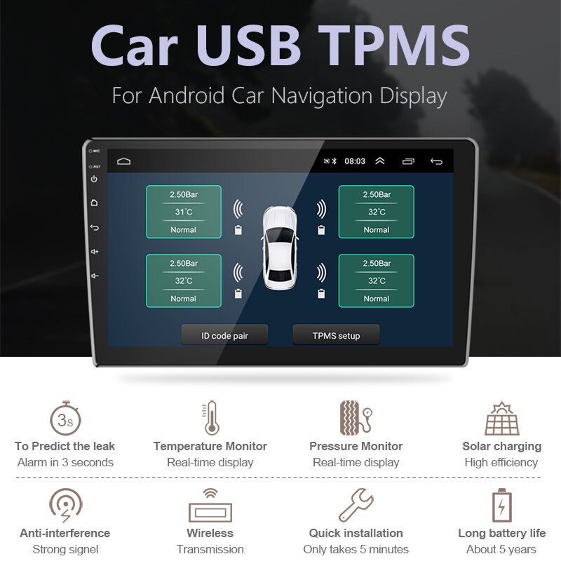 Usb tpms android dekktrykkovervåkingssystem 4 dekk eksterne / indre sensorer temperaturalarm for bilradio dvd bilspiller