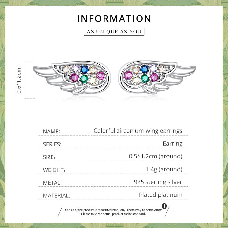 Wostu genuine 925 sterling silver angel wing stud earrings for women hollow rainbow zircon ear studs  s925 fine jewelry fie 1397