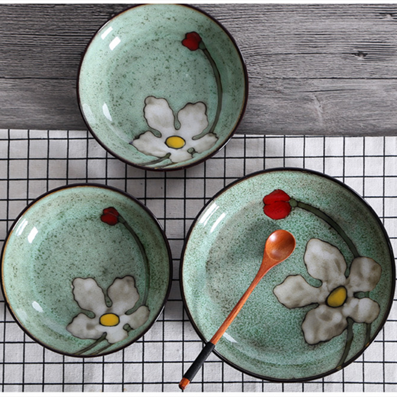 Kiln Glaze Japanese Ceramic Tableware Home Use Crockery Salad Bowl Spoon Steak Plate Set Dishes Hand Painted Floral Pattern
