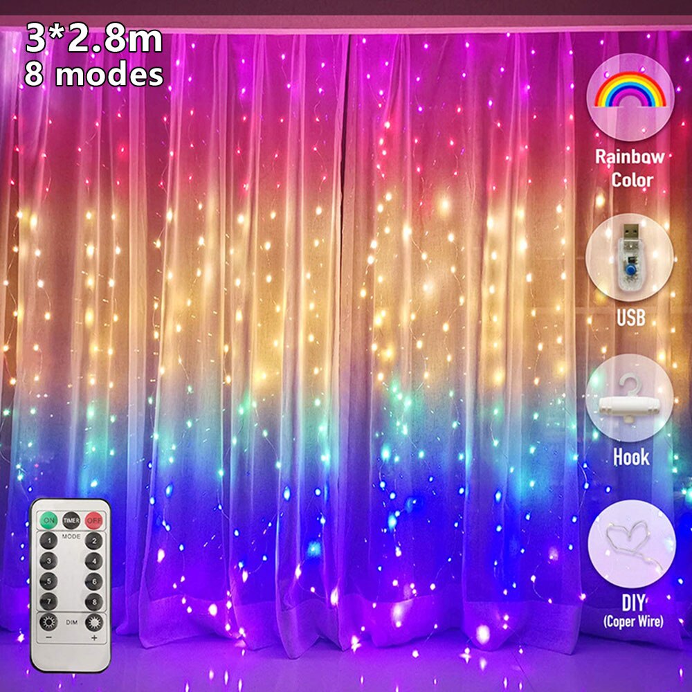 3M LED Christmas Fairy String Lights Rainbow Curtain Lights Remote Control USB Year Garland Curtain Lamp Decoration