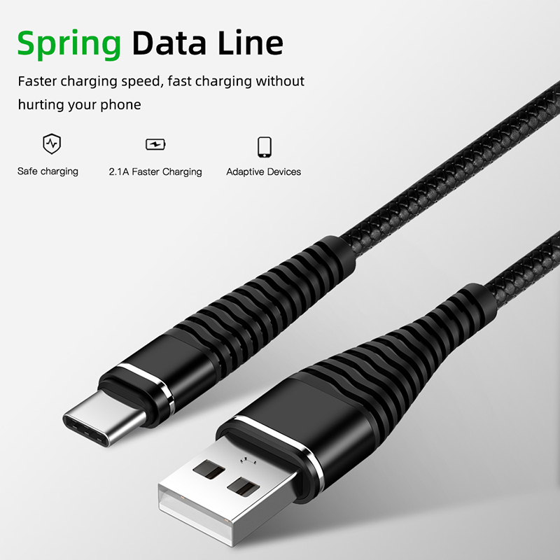 Cable USB de alta resistencia de 1,2 M, Cable de muelle retráctil, sincronización de datos de carga rápida para iPhone X 7 8 XS Max XR Huawei Samsung Xiaomi LG