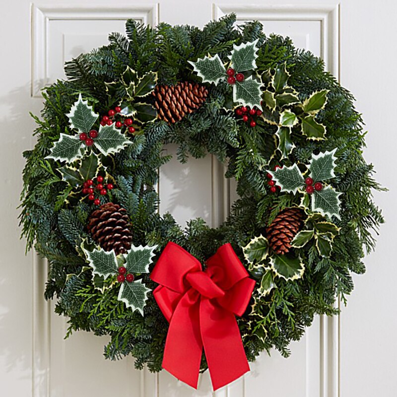 5/10Pcs Green Holly Leaf Leaves and Red Holly Berry Gold Cherry for Wedding Party Home Party Decoration DIY Christmas Wreath Dec