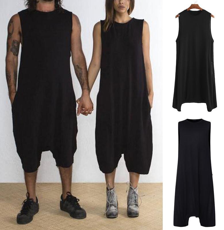 Summer Men Jumpsuit Sleeveless Loose Black Pants Romper Solid Color Round Neck Low Crotch Jumpsuit Oversized Rave Outfit: XXXL