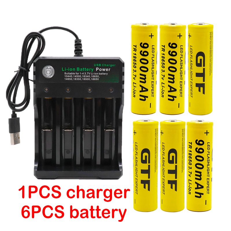 100% 18650 battery 3.7V 9900mAh rechargeable lion battery for Led flash light battery 18650 battery + USB charger: Blue