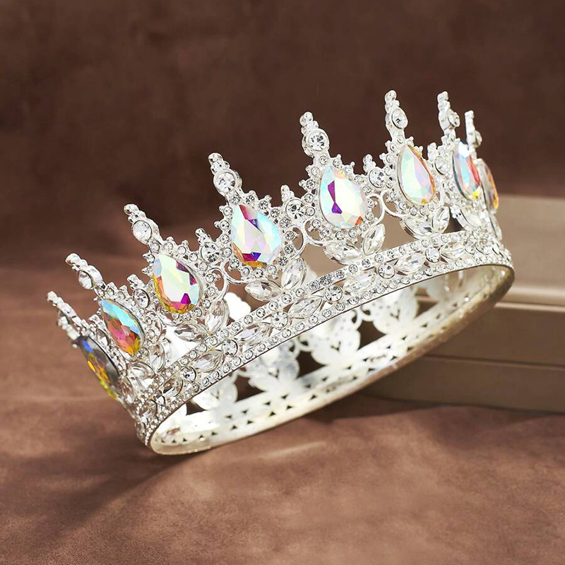 Luxury Color Baroque Queen Crown Colorful Sparkly Rhinestone Wedding Crown Bride Princess Full Round Tiaras Headband Headpieces: Antique Gold Plated