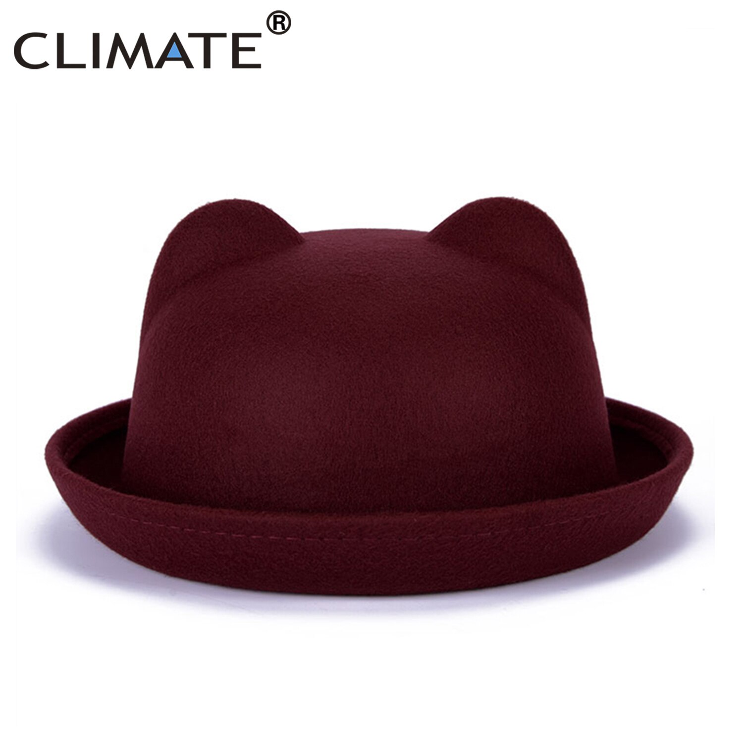 CLIMATE-Sombrero de fieltro con orejas de gato para mujer, sombrero de lana de poliéster, bonito, a la: Wine