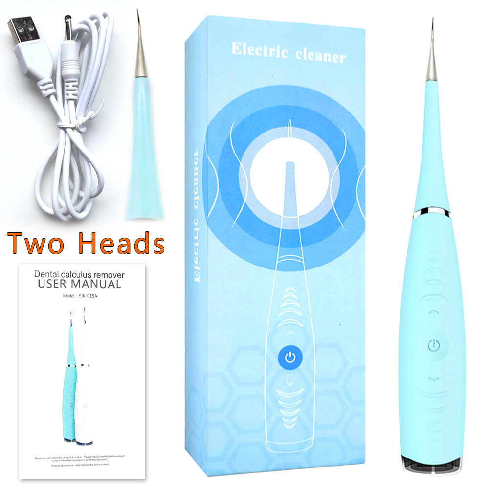Ultrasonic Electric Dental Scaler Machine Tooth Calculus Tool Sonic Remover Stains Tartar Plaque Whitening Portable Oral Cleaner: Blue With 2 Heads